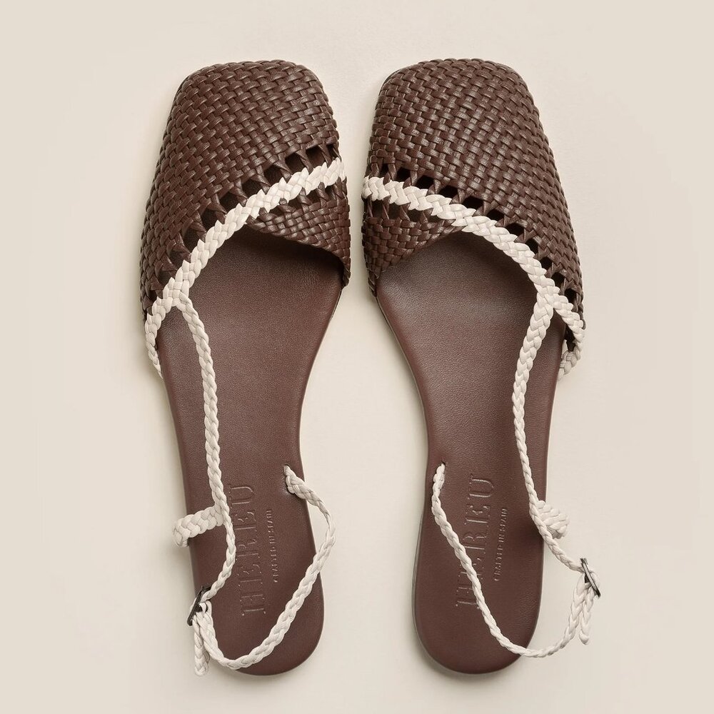 NWOB Hereu Rondaia Woven Brown Leather Asymmetrical Sandals EU 37 US 7